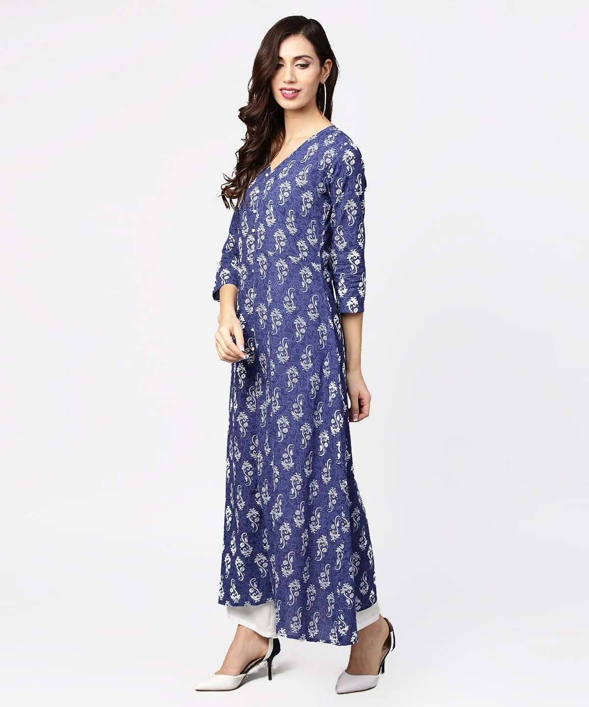 Blue Printed 3/4Th Sleeve Cotton Maxi Dress