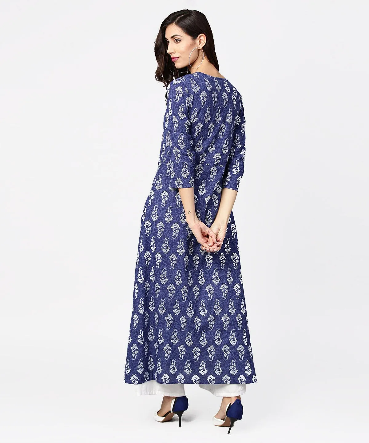 Blue Printed 3/4Th Sleeve Cotton Maxi Dress