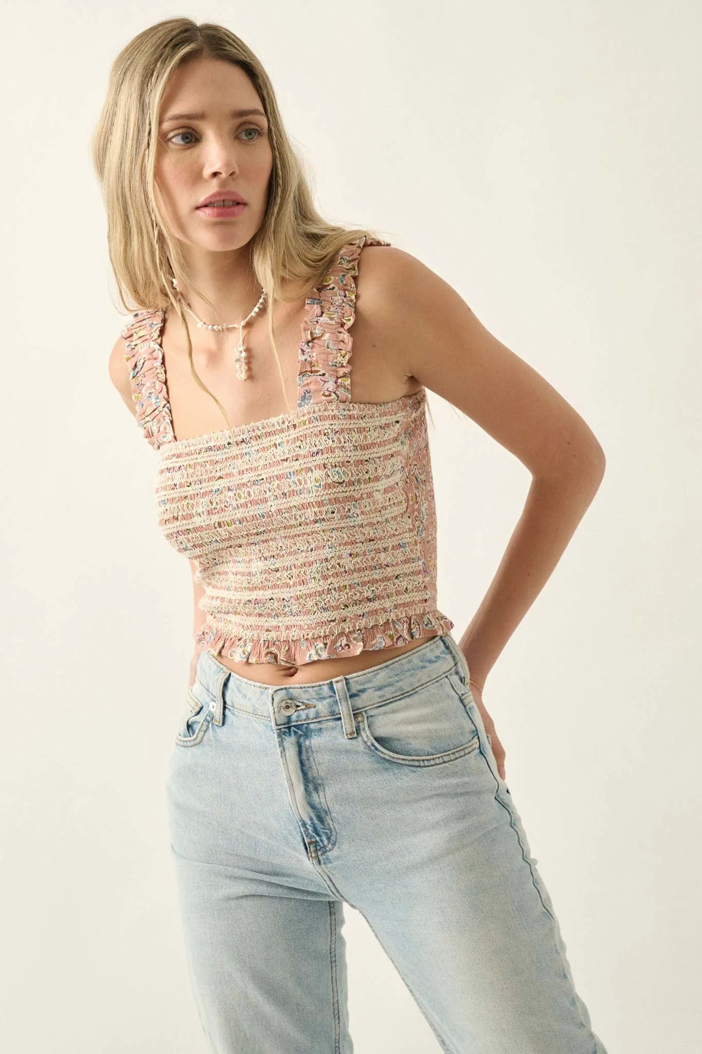 Bohemian Beauty Smocked Paisley Cropped Tank Top