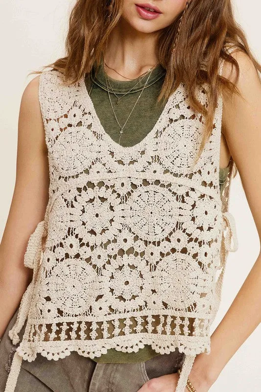 Bohemian Self Side Tie Detailed Crochet Vest Top