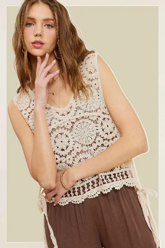 Bohemian Self Side Tie Detailed Crochet Vest Top