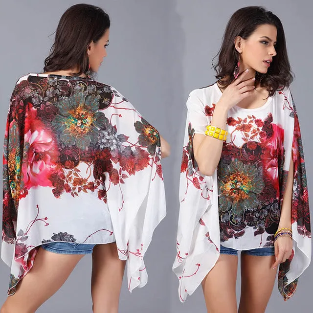 Boho Batwing Sleeve Chiffon Blouse Women Casual Floral Print Loose Kimono Shirts Big Size Beach Tunic Tops Peplum Blusas Robe