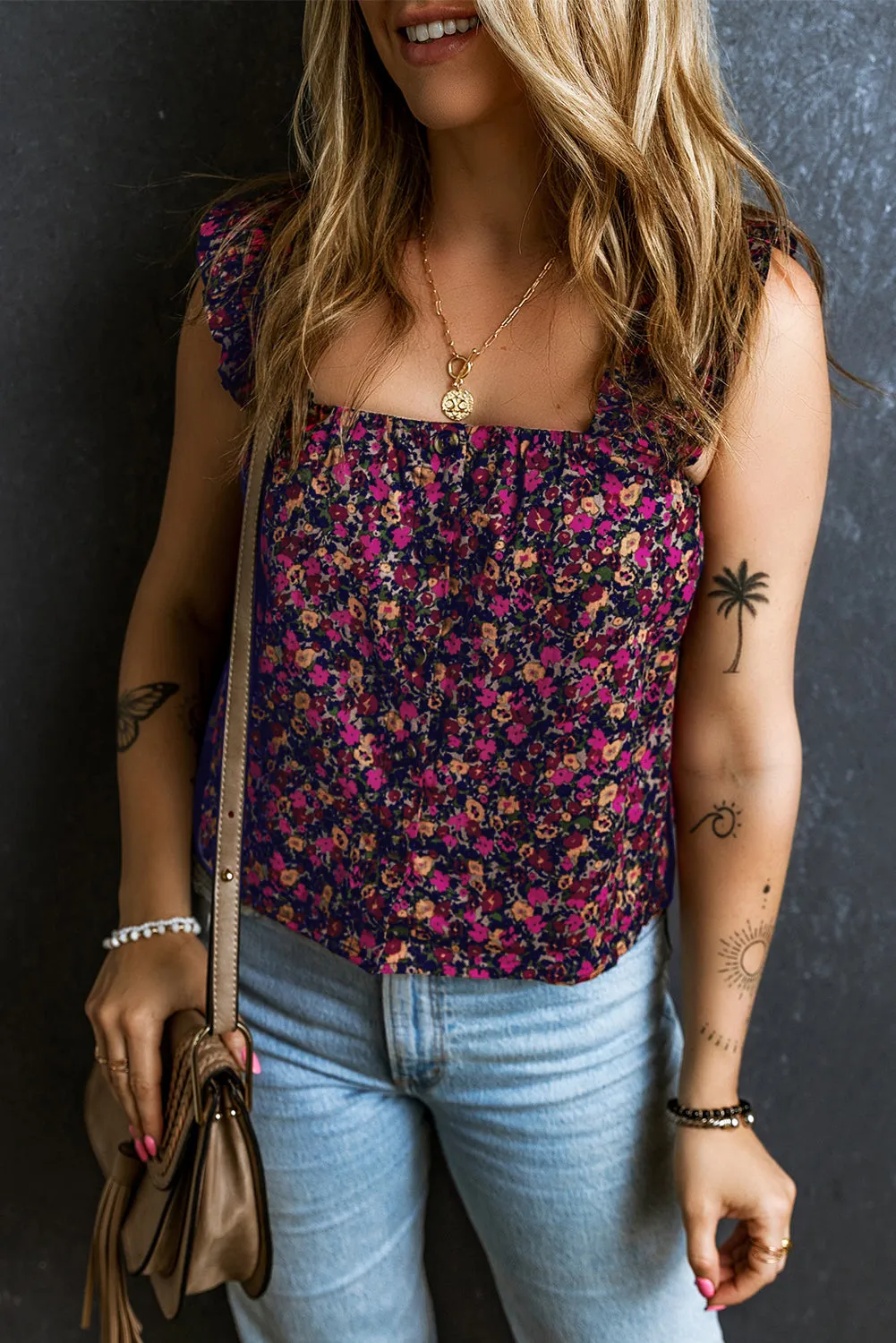 Boho Frilled Straps Floral Tank Top