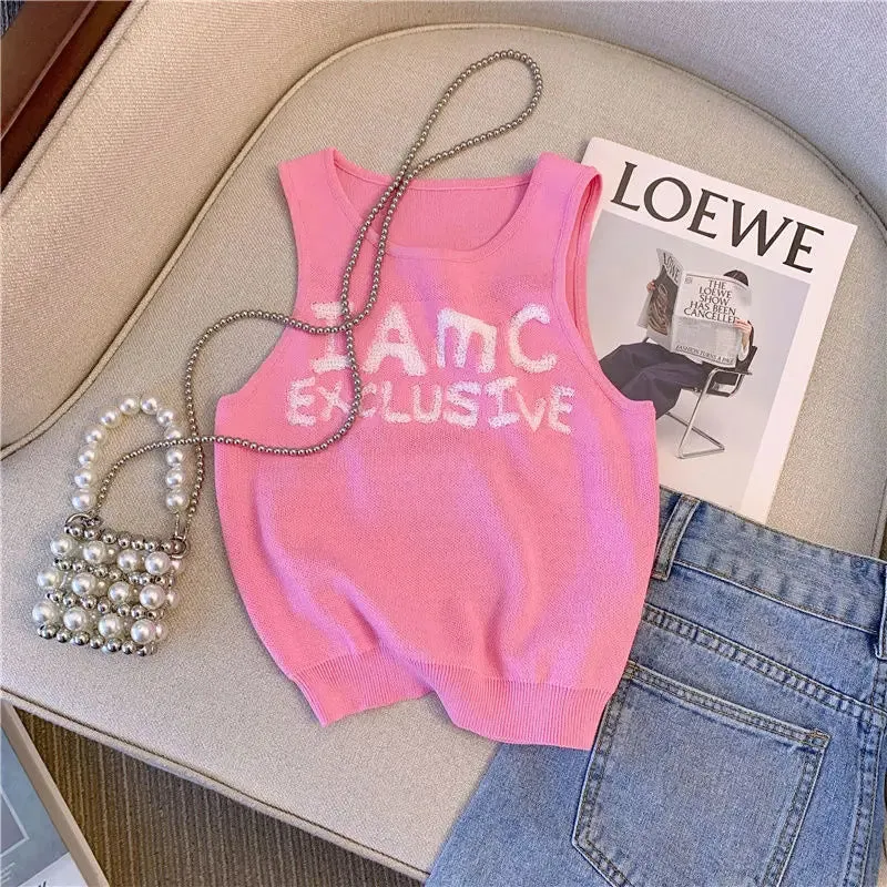 Bonnyshow Pink Sleeveless Knitted Halter Vest Women's Summer  Fashion Letter Embroidered Crop Top Outside Wear Tank Top