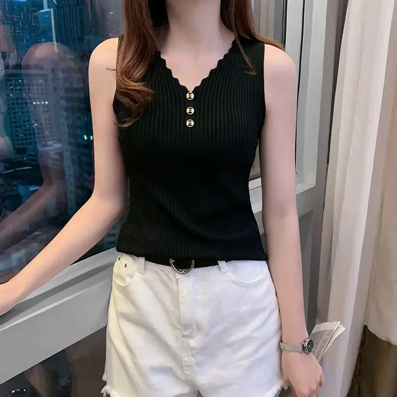 Bonnyshow    Silk Sport Camisole Women Tank Top Sexy Slim Korean Style Casual V-Neck Vest Knitted Fashion Sleeveless Tops Female Tee