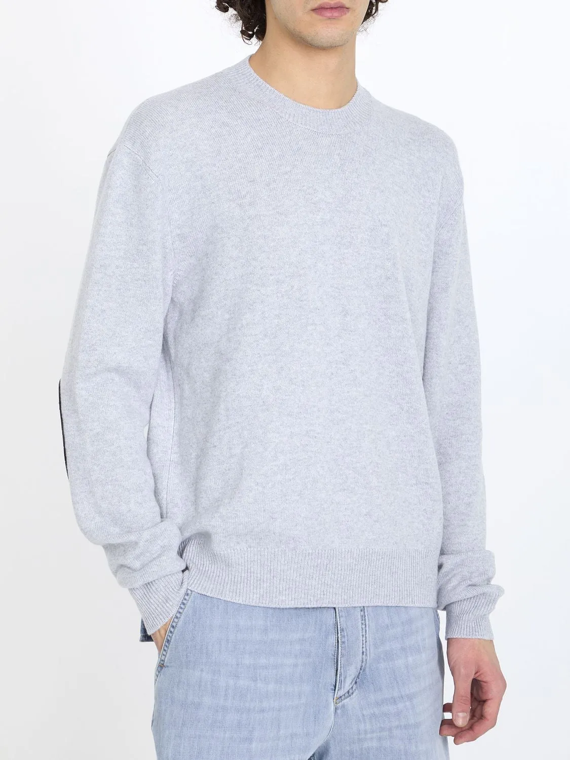 BOTTEGA VENETA Men's Cashmere Crewneck Jumper in Grey with Leather Patches and Intricate Elbow Design