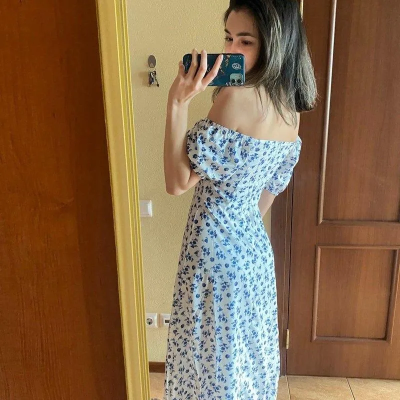 Breezy Summer Off-Shoulder Floral Print Split Side Dress