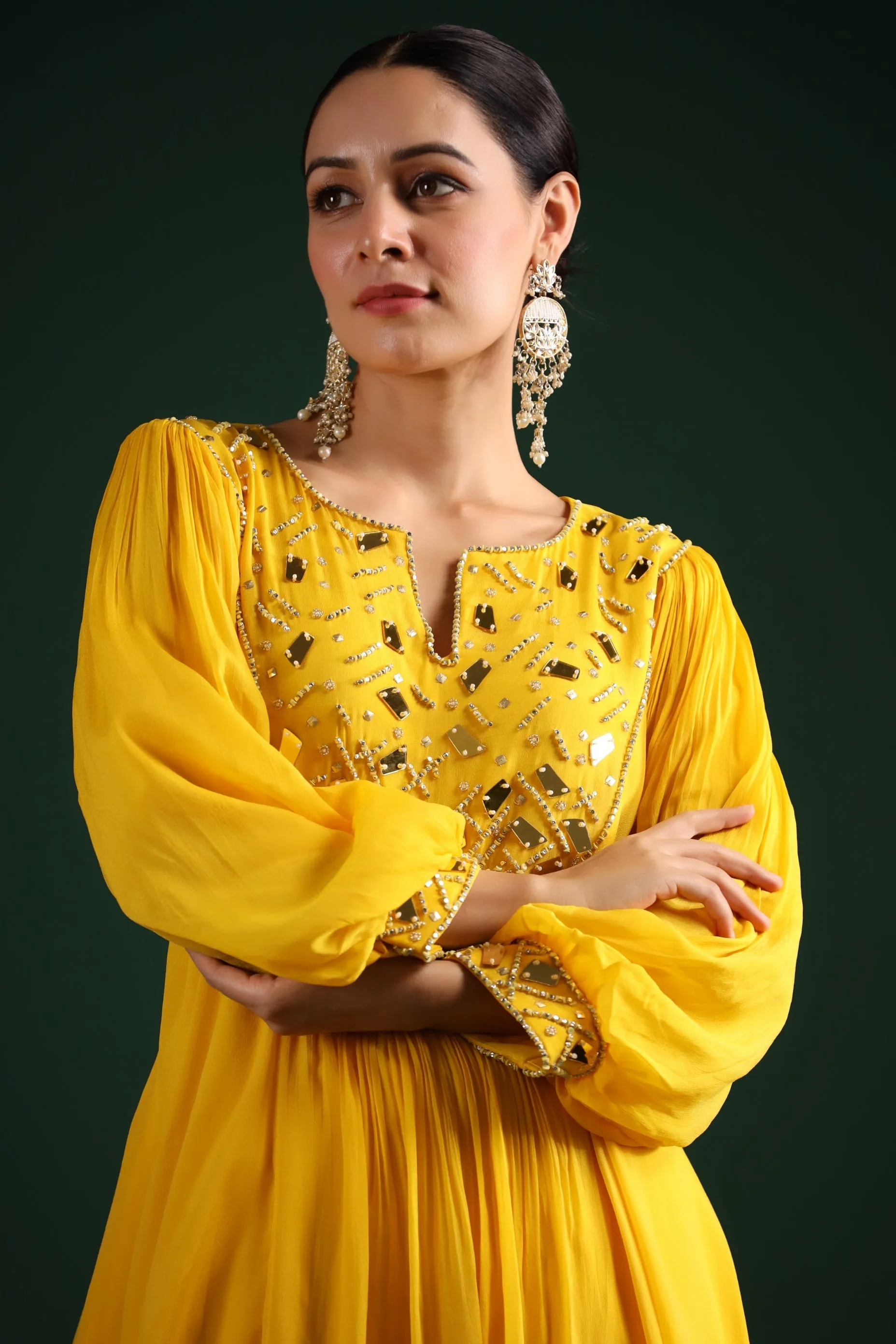 Bright Yellow Embellished Vama Georgette Dhoti Pants Set