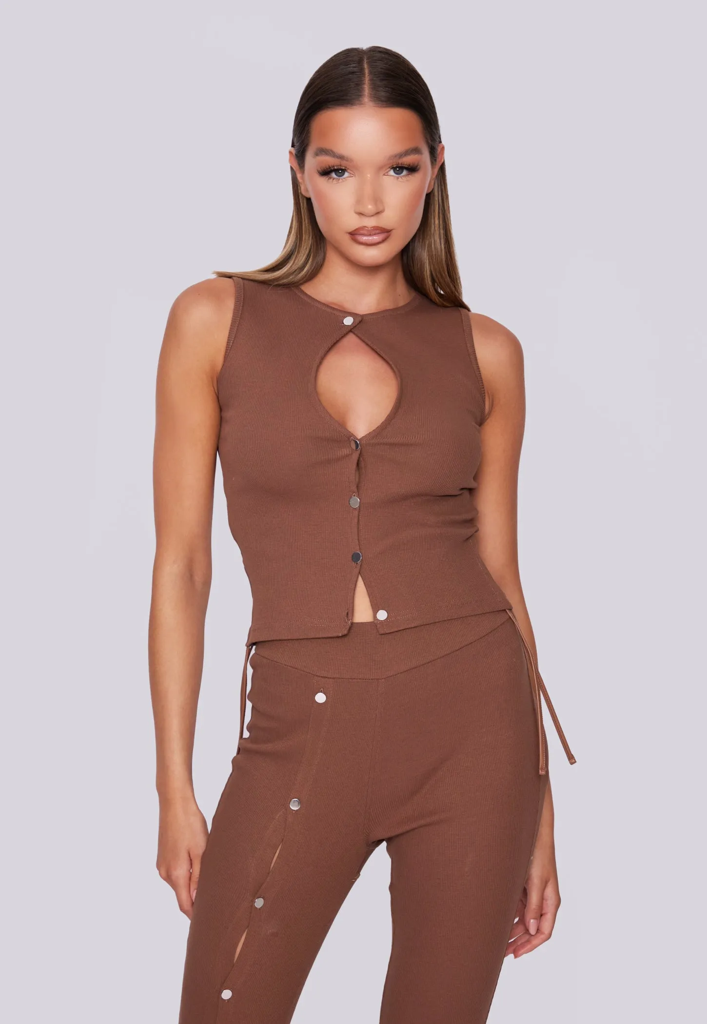 Button Up Ribbed Vest - Brown