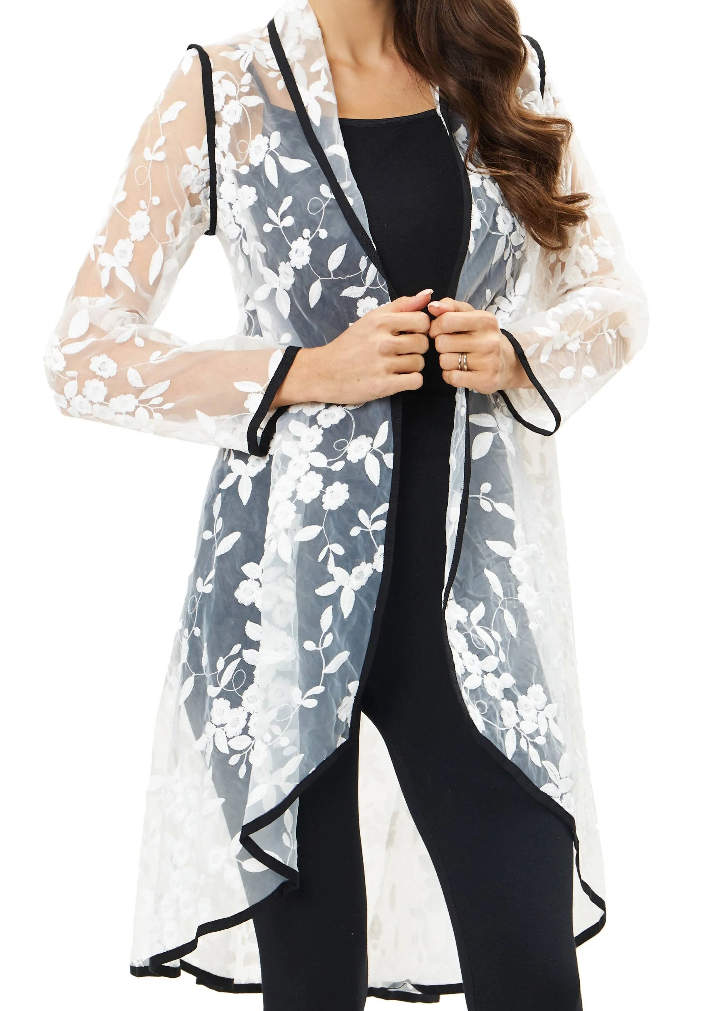 BY2618W - White Lace Duster with Black Trimming