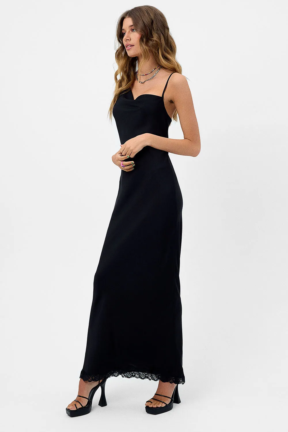 Cara Satin Maxi Dress - Black