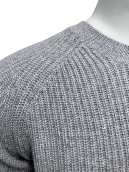 Cashmere Crewneck Sweater in Chunky Rib knit stitch Silver Grey