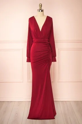 Cassidy Burgundy | Plunging Neckline Mermaid Maxi Dress