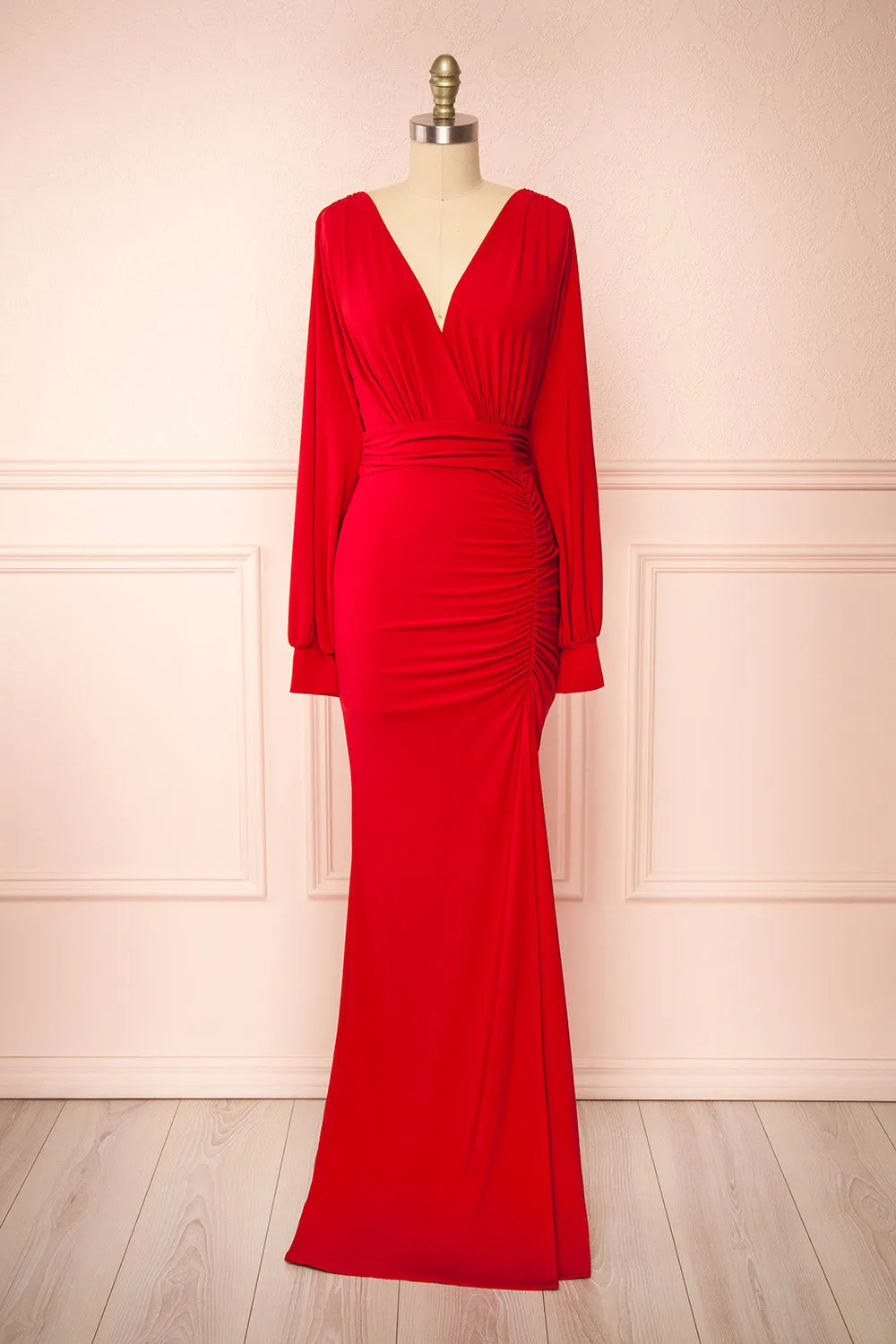 Cassidy Red | Plunging Neckline Mermaid Maxi Dress