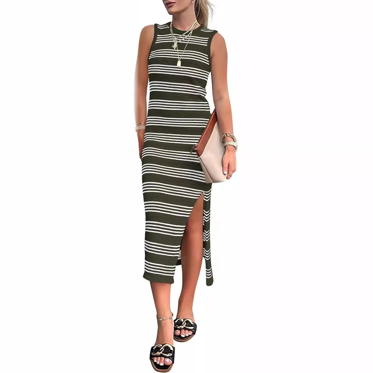 Casual Mid-length Sleeveless Hollow-out Knitted Side Slit Striped Vest Dress