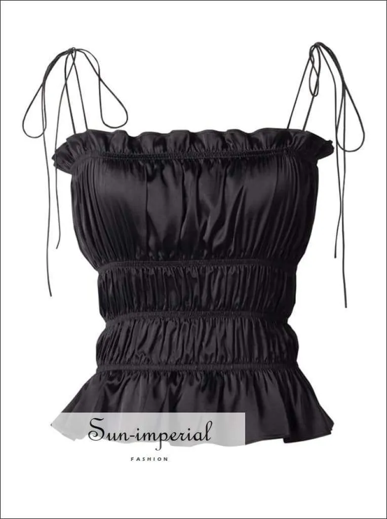 Champaign Tie Shoulder Ruffle Hem Satin Cami top