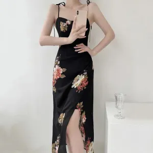 Chic Vintage Floral Print Lace Up Split Slip Dress