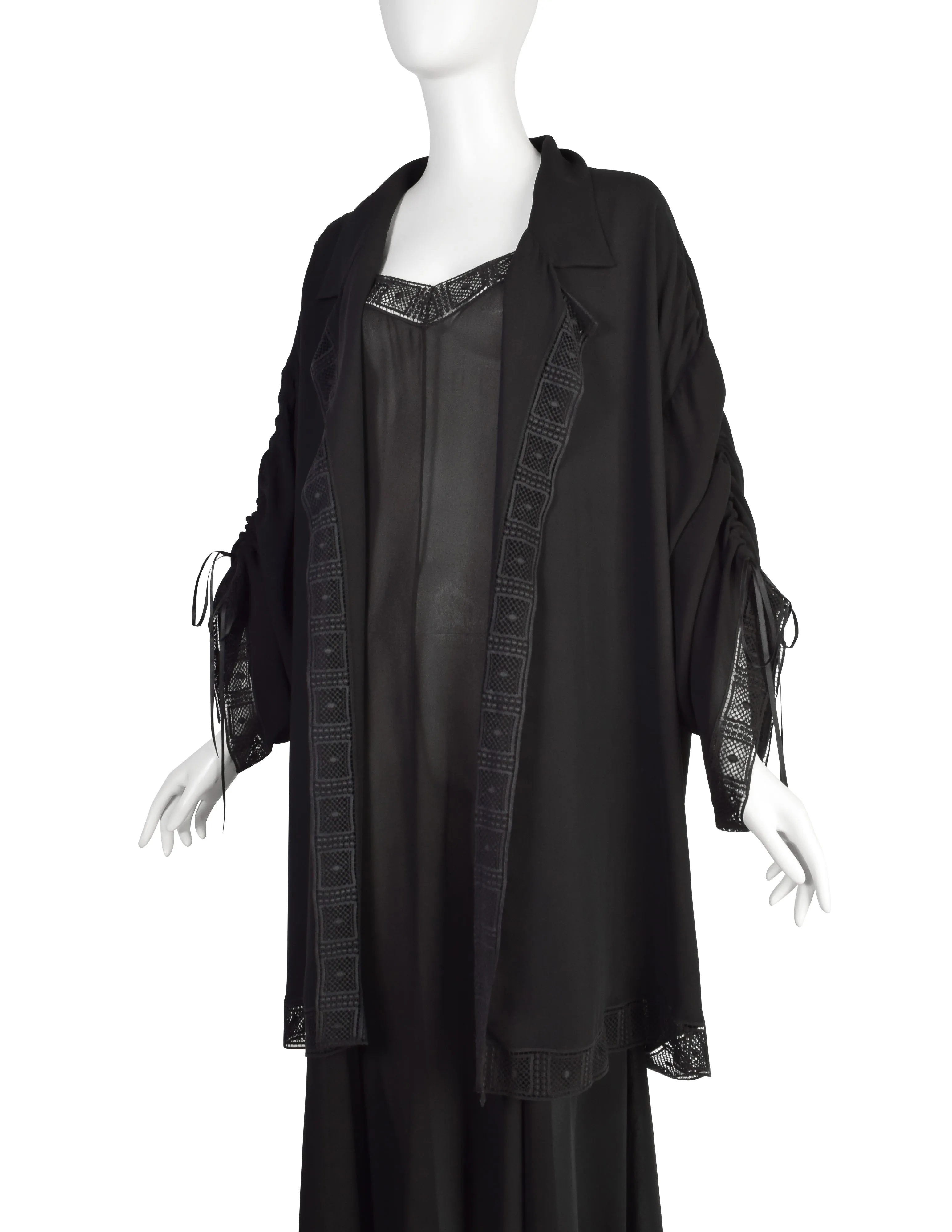 Chloe Vintage SS 1993 by Karl Lagerfeld Black Sheer Lace Trim Dress and Duster Ensemble