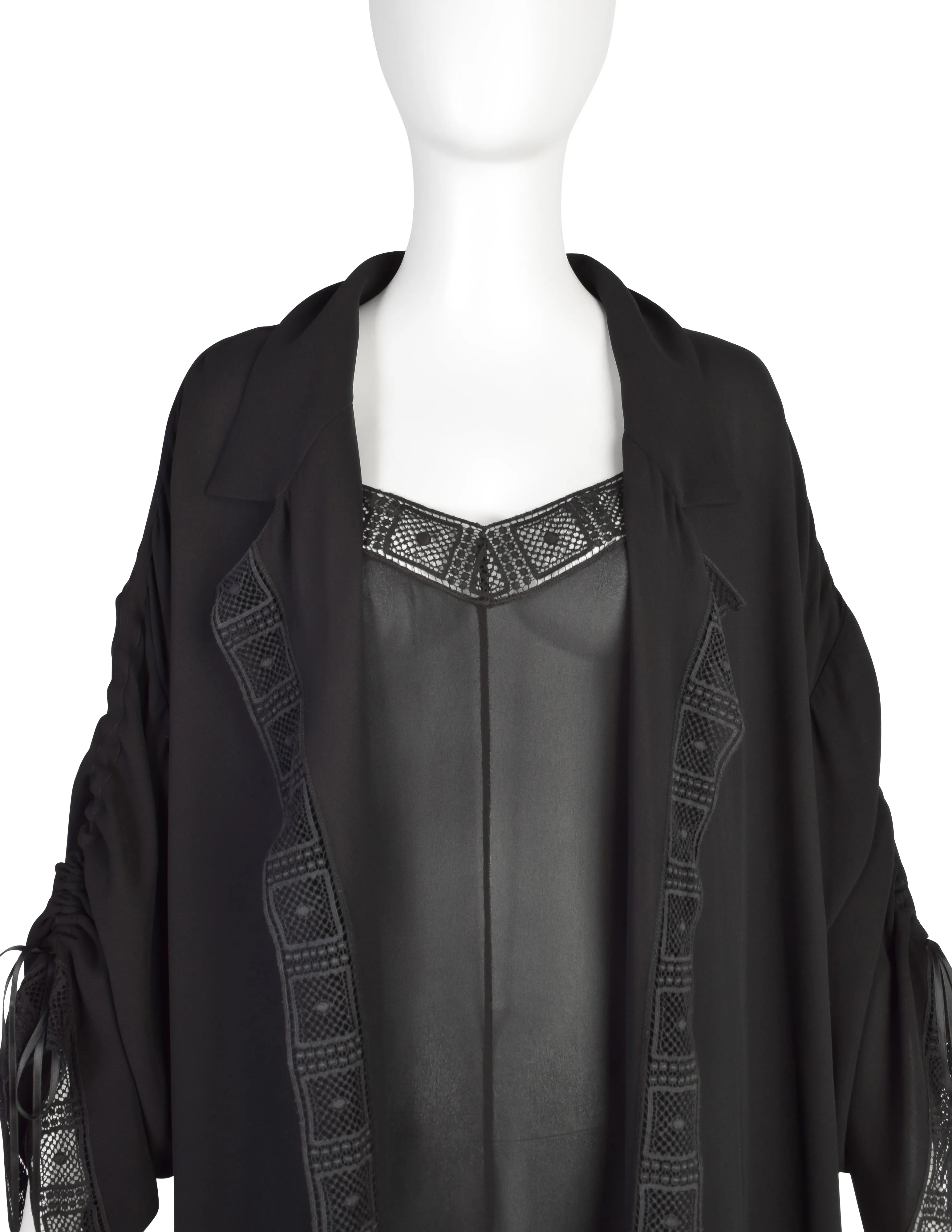 Chloe Vintage SS 1993 by Karl Lagerfeld Black Sheer Lace Trim Dress and Duster Ensemble