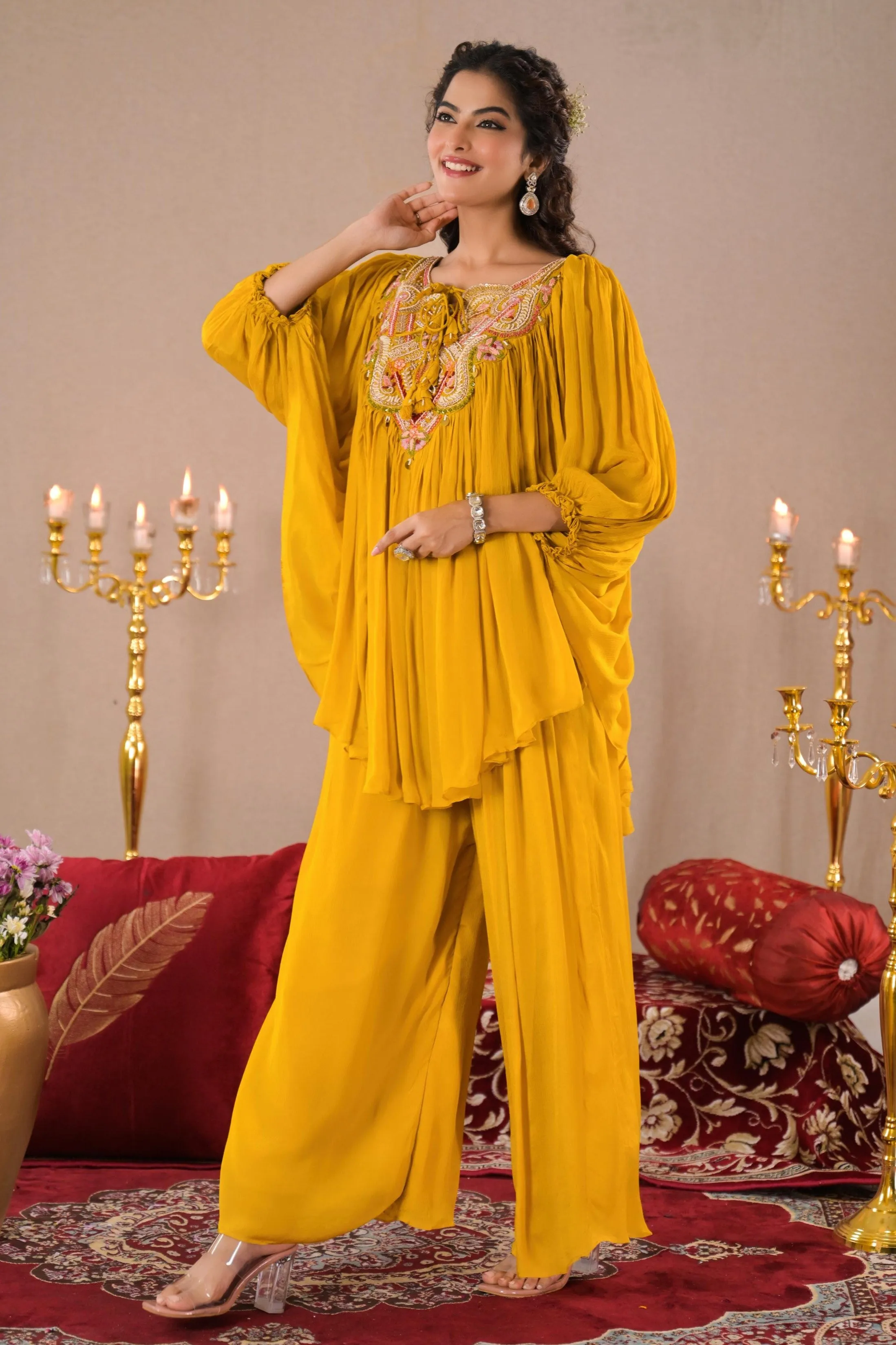 Classic Yellow Embroidered Chinon Silk Tunic & Palazzo Set