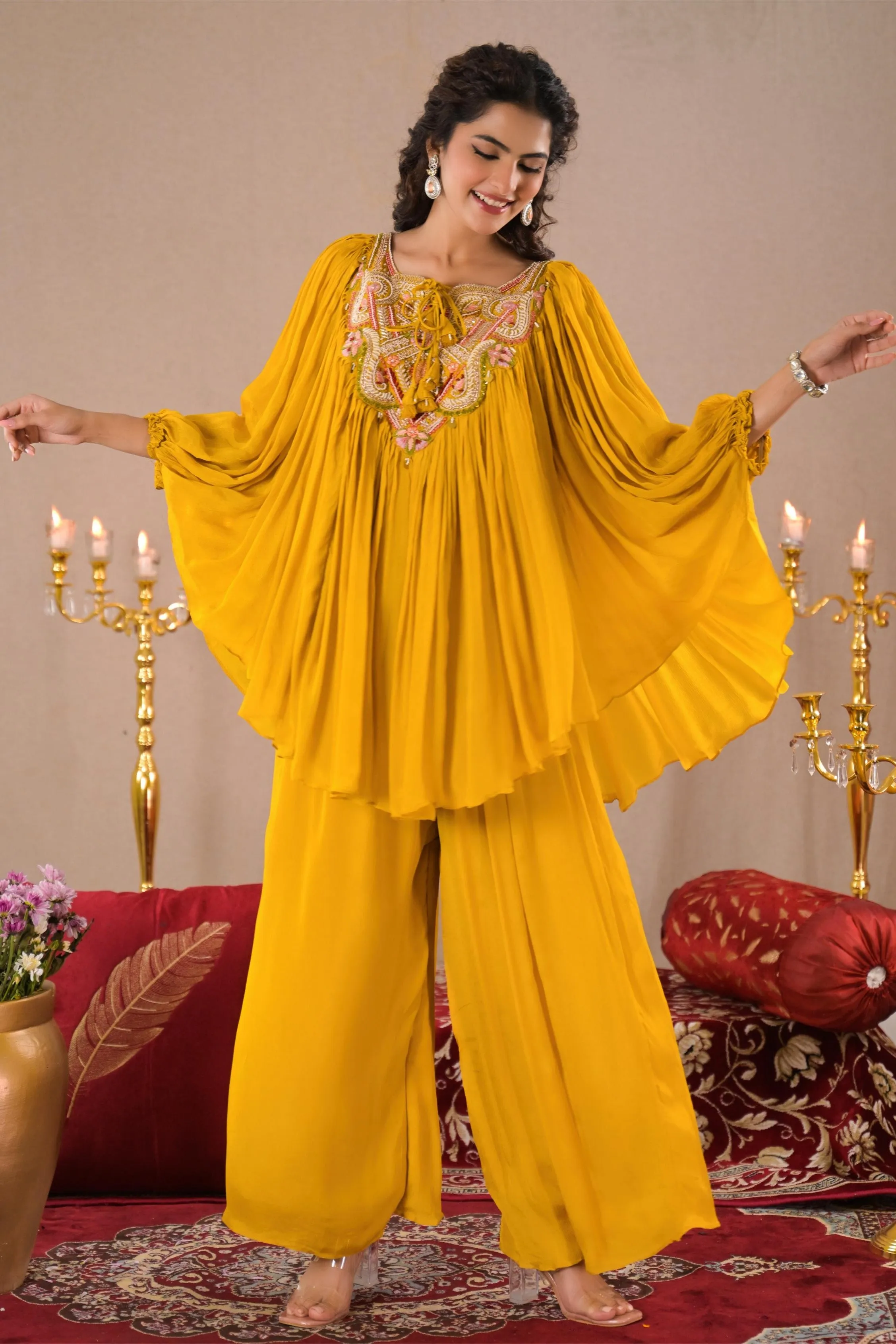 Classic Yellow Embroidered Chinon Silk Tunic & Palazzo Set