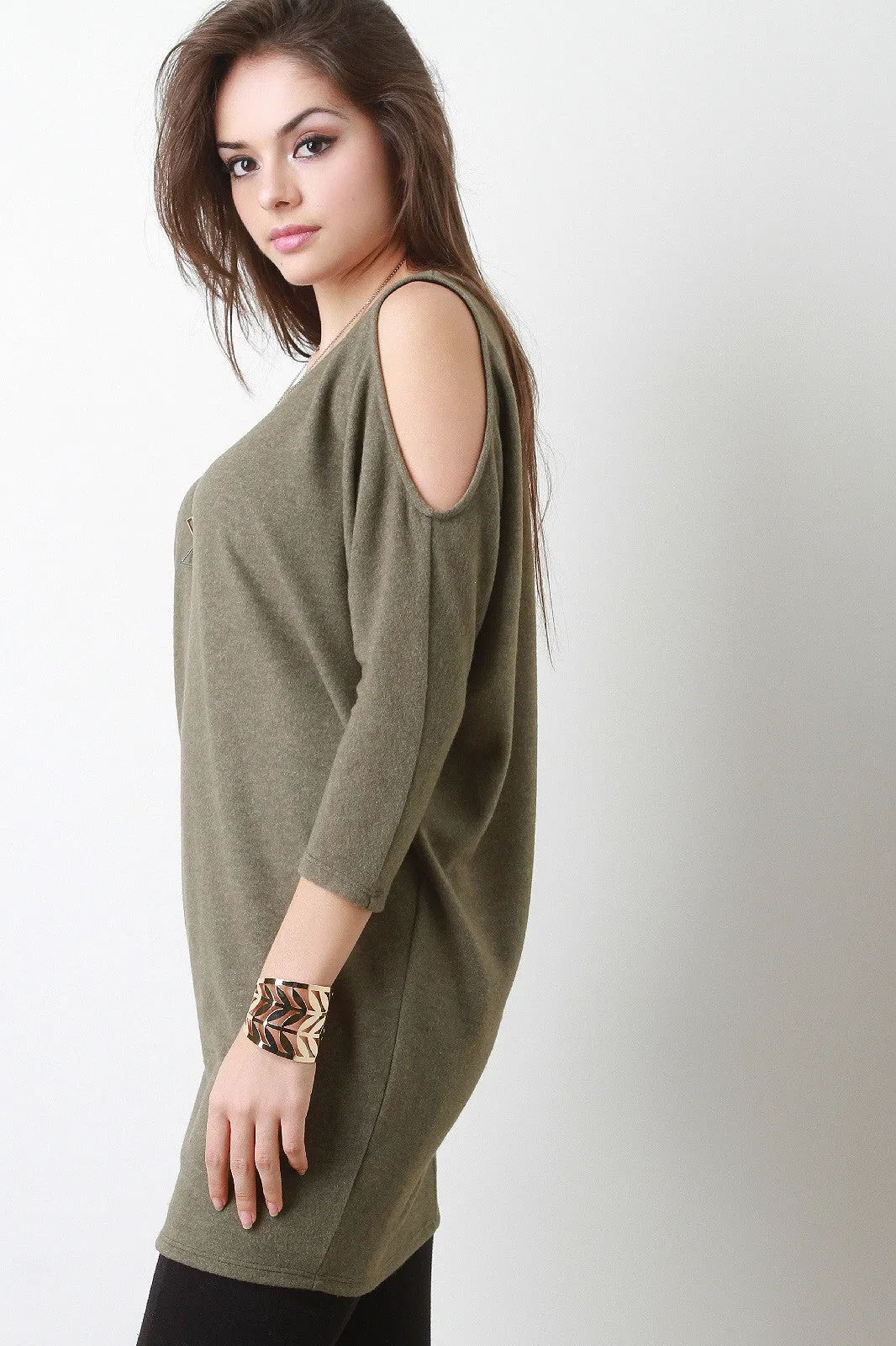 Cold Shoulder Dolman Sleeve Fleece Top