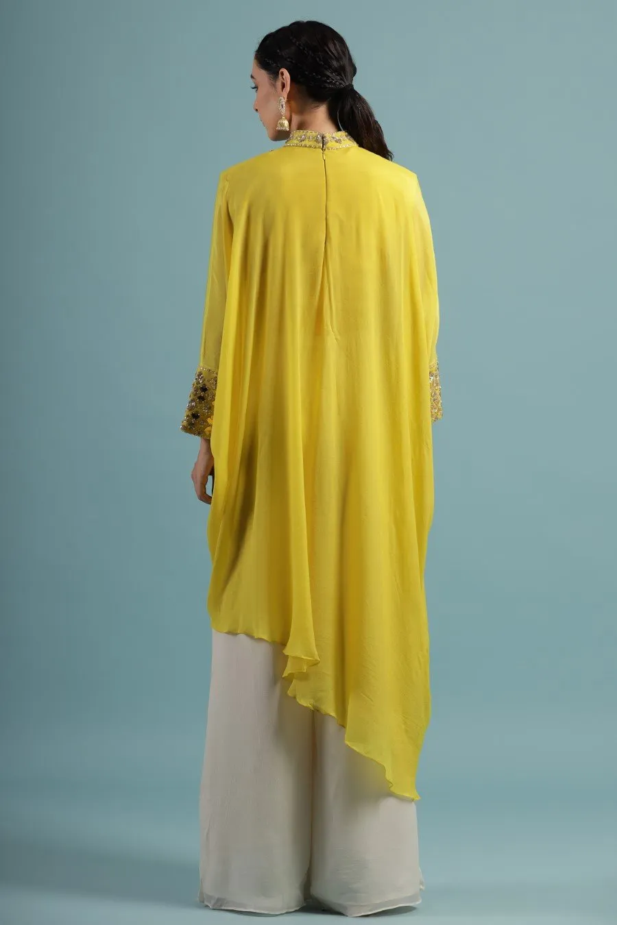 Corn Yellow Crystal Georgette Kaftan Tunic with Palazzo