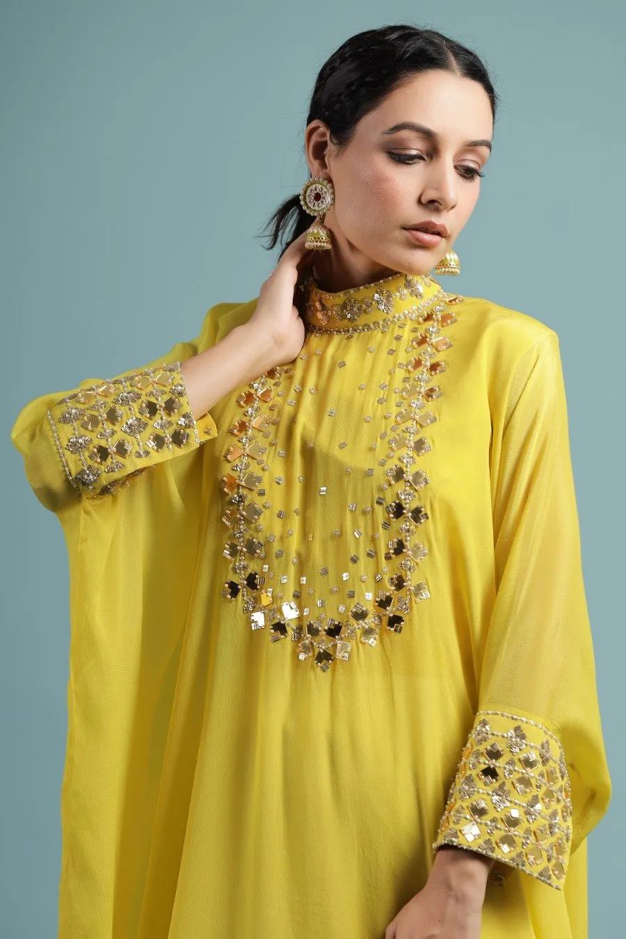 Corn Yellow Crystal Georgette Kaftan Tunic with Palazzo