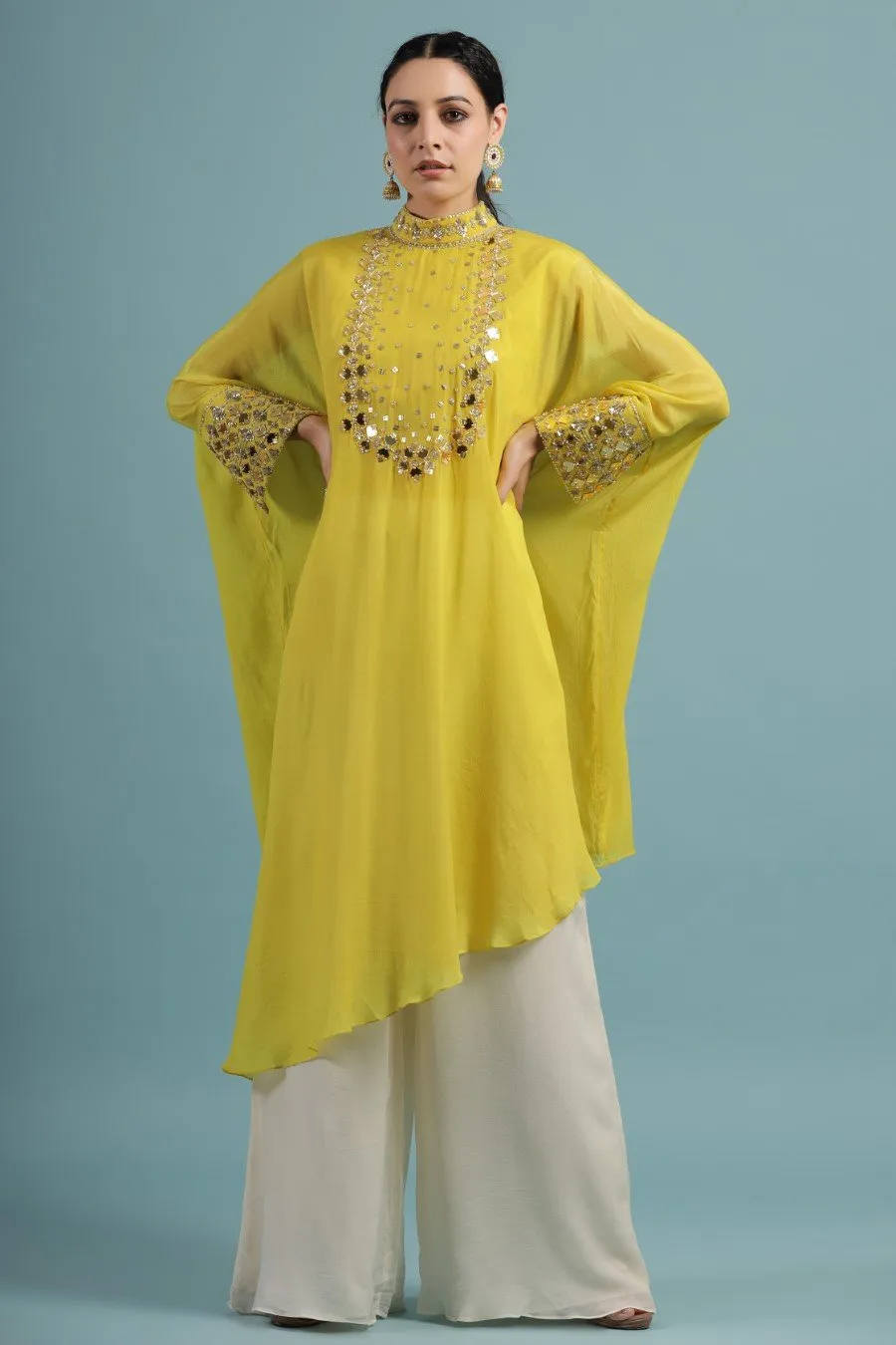 Corn Yellow Crystal Georgette Kaftan Tunic with Palazzo