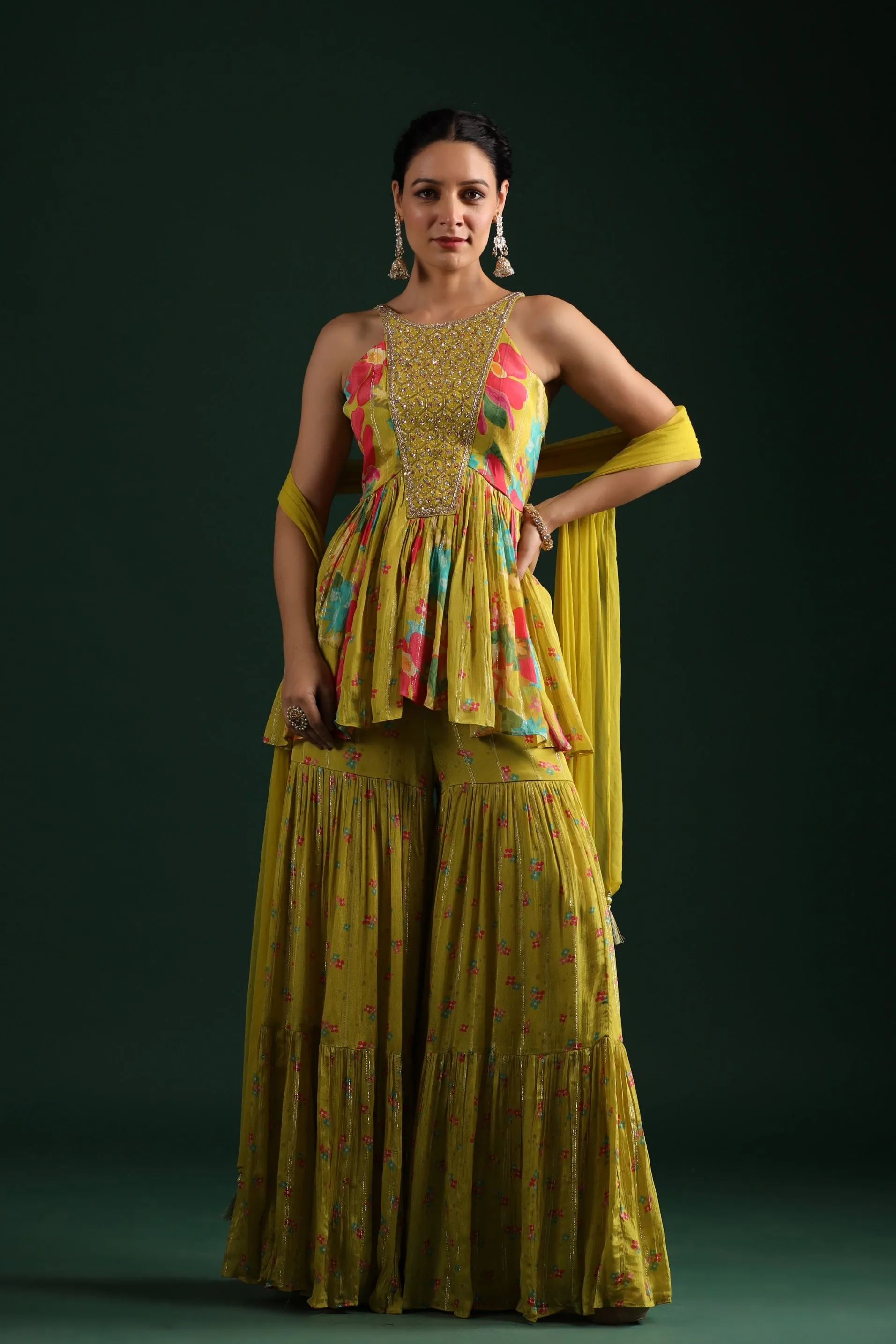 Corn Yellow Floral Printed Embellished Sharara Set