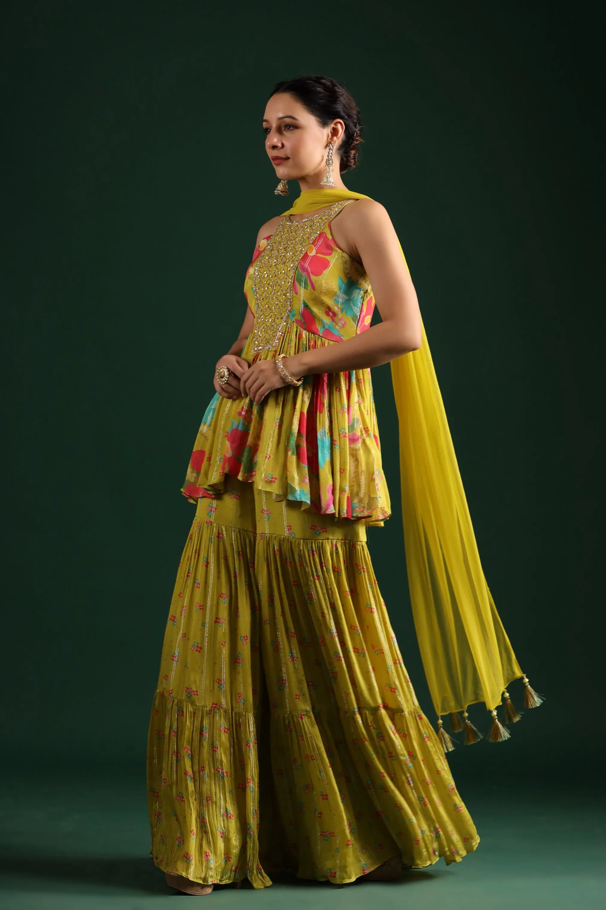 Corn Yellow Floral Printed Embellished Sharara Set