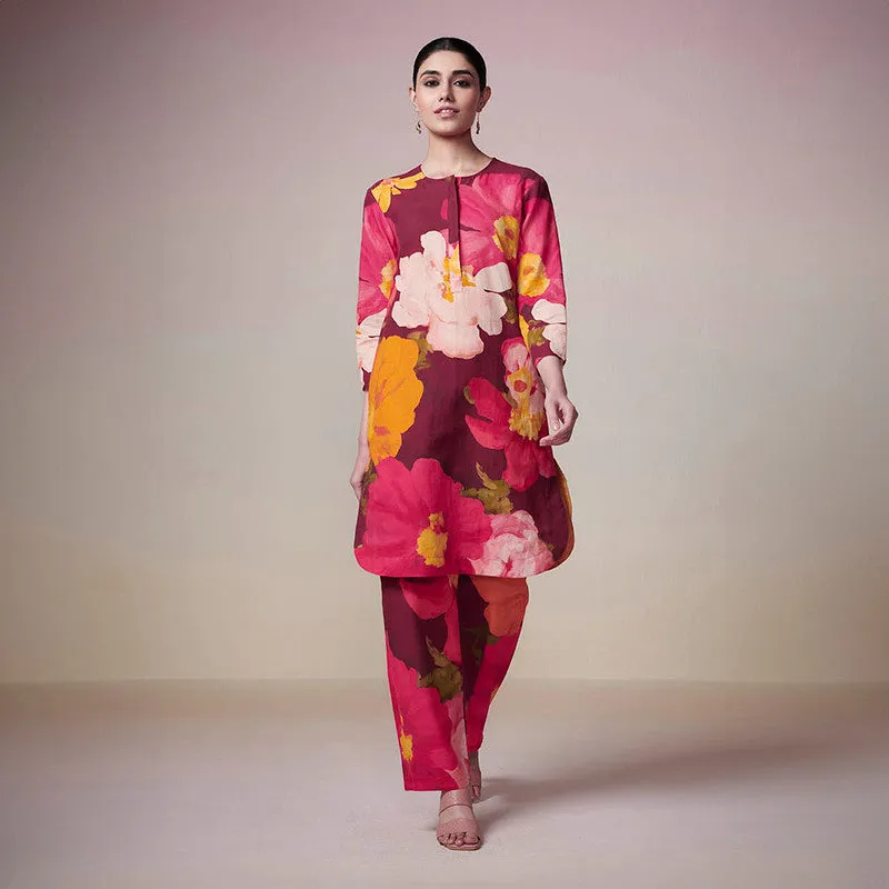 Cotton Linen Printed Kurta Set | Maroon Floral Print