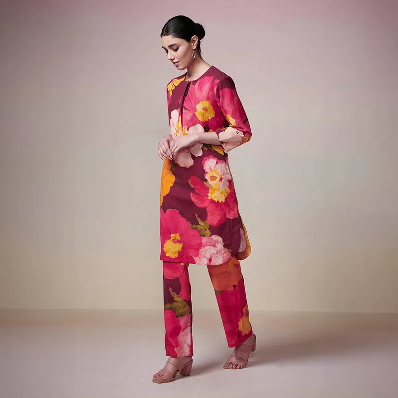 Cotton Linen Printed Kurta Set | Maroon Floral Print