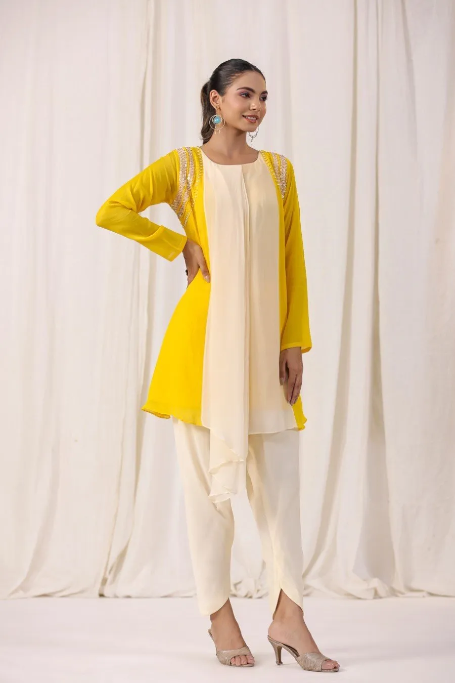 Cream Georgette Silk Embellished Tunic with Dhoti Pants