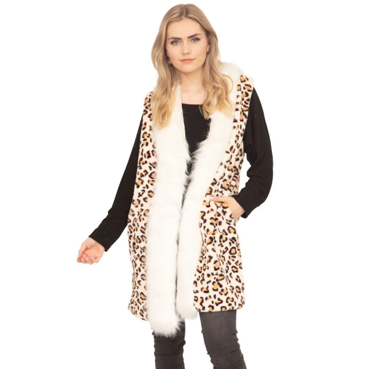 Cream Leopard Fur Trim Vest