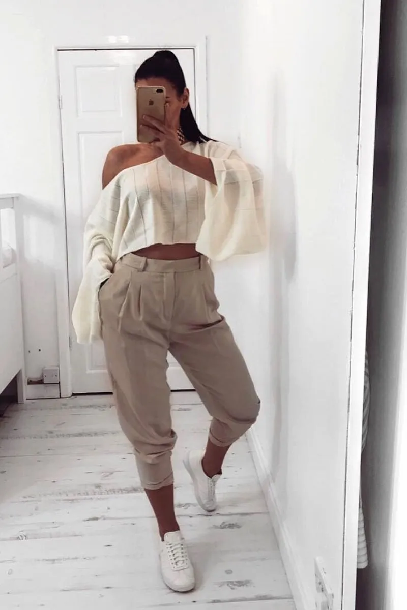 Cream Striped Cropped Batwing Jumper with V neck -Karri