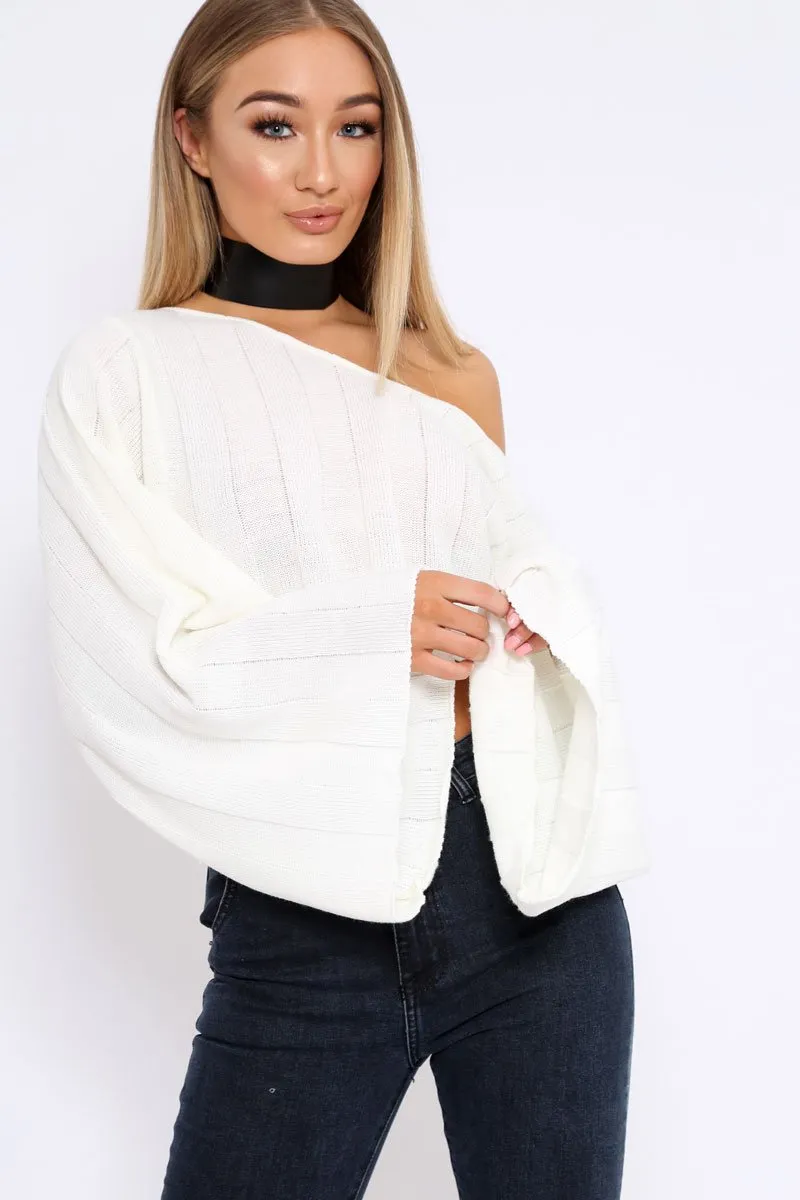 Cream Striped Cropped Batwing Jumper with V neck -Karri