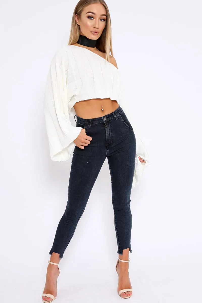 Cream Striped Cropped Batwing Jumper with V neck -Karri