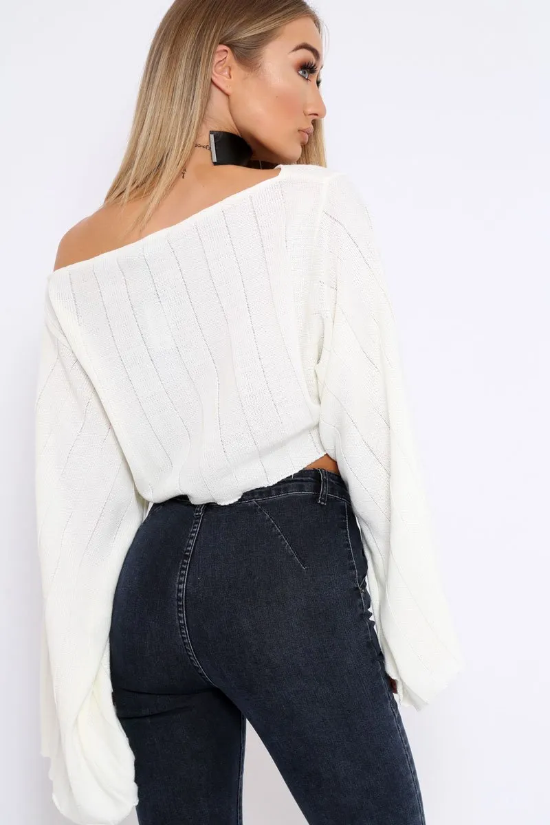 Cream Striped Cropped Batwing Jumper with V neck -Karri