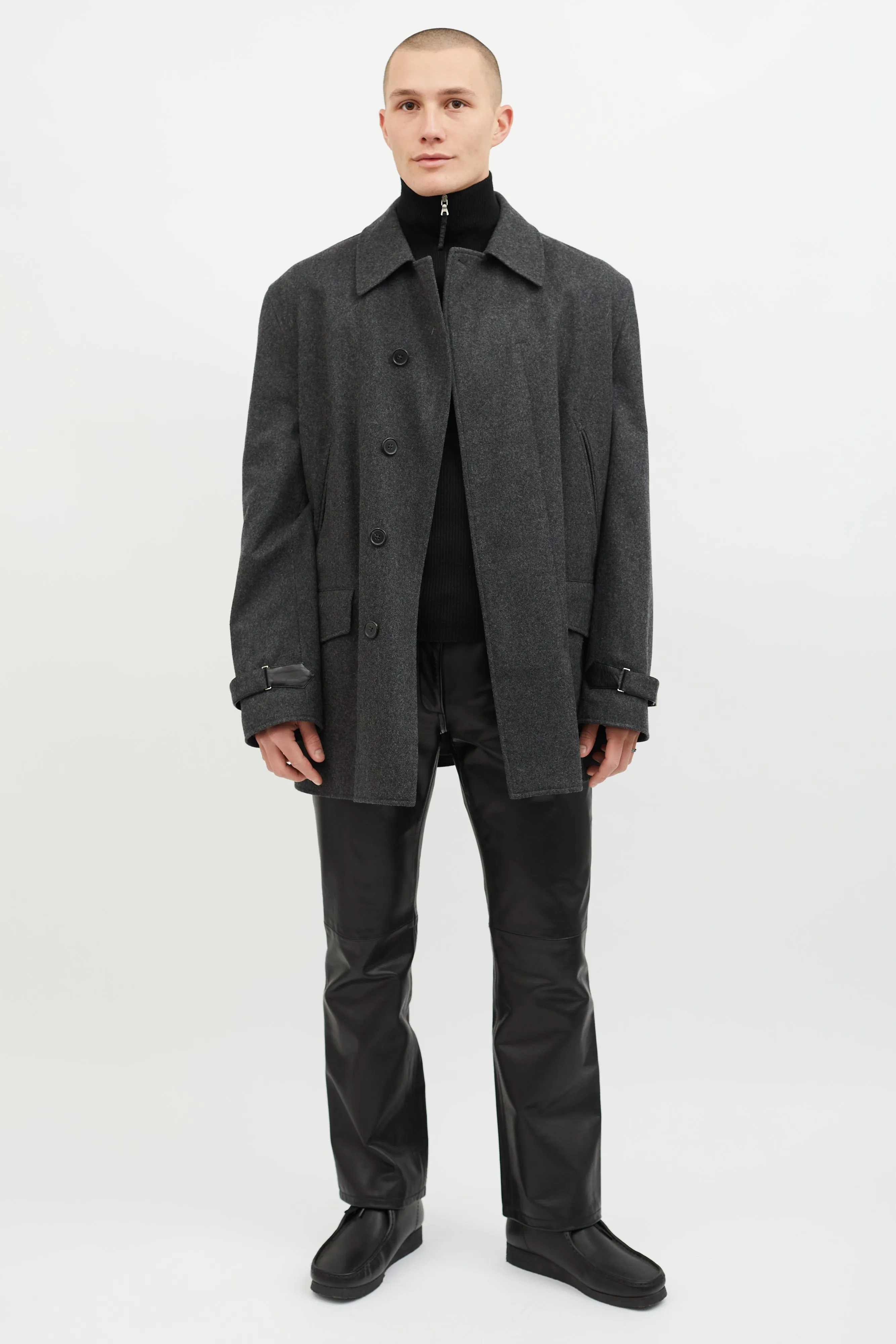 Dark Grey Wool Leather Lined Coat