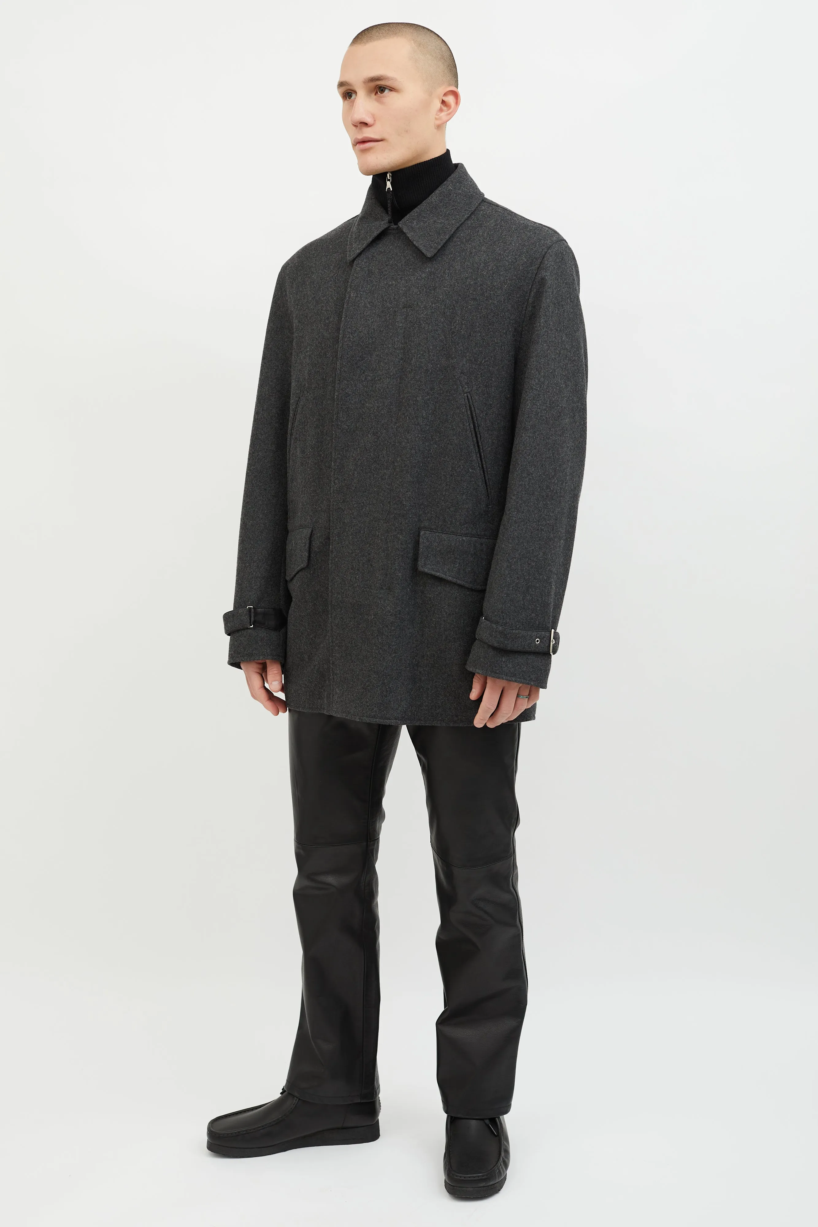 Dark Grey Wool Leather Lined Coat