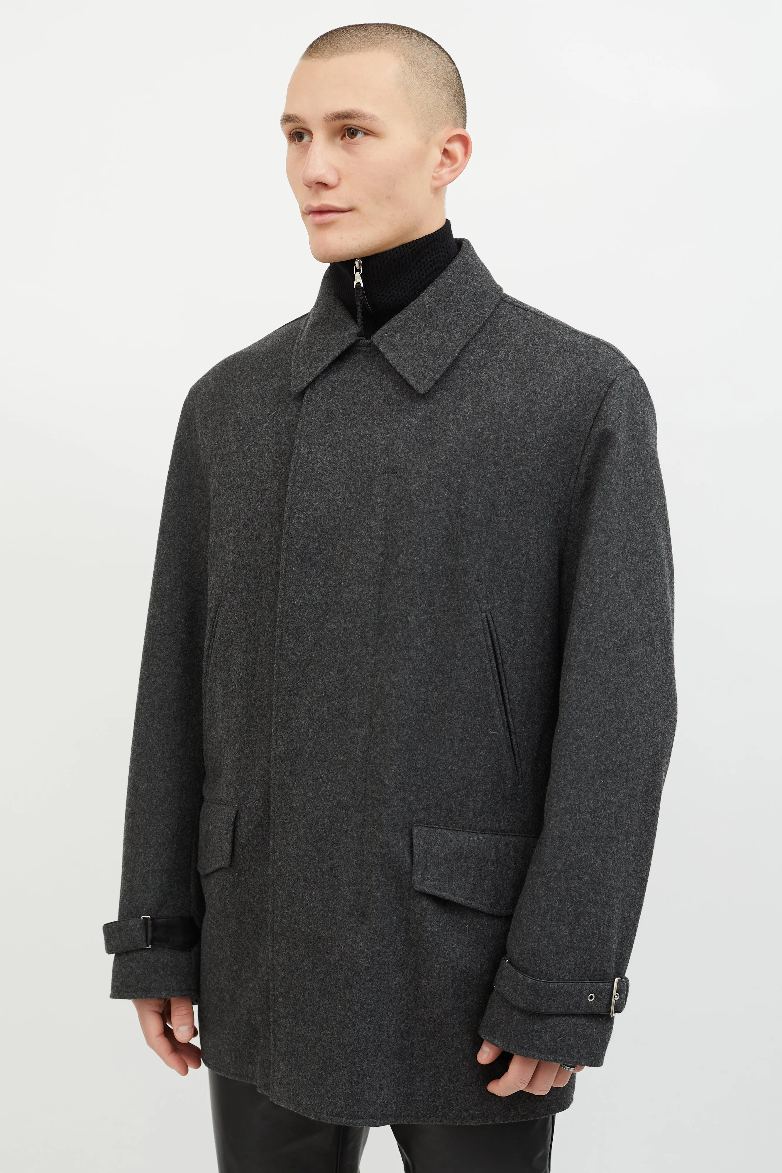 Dark Grey Wool Leather Lined Coat