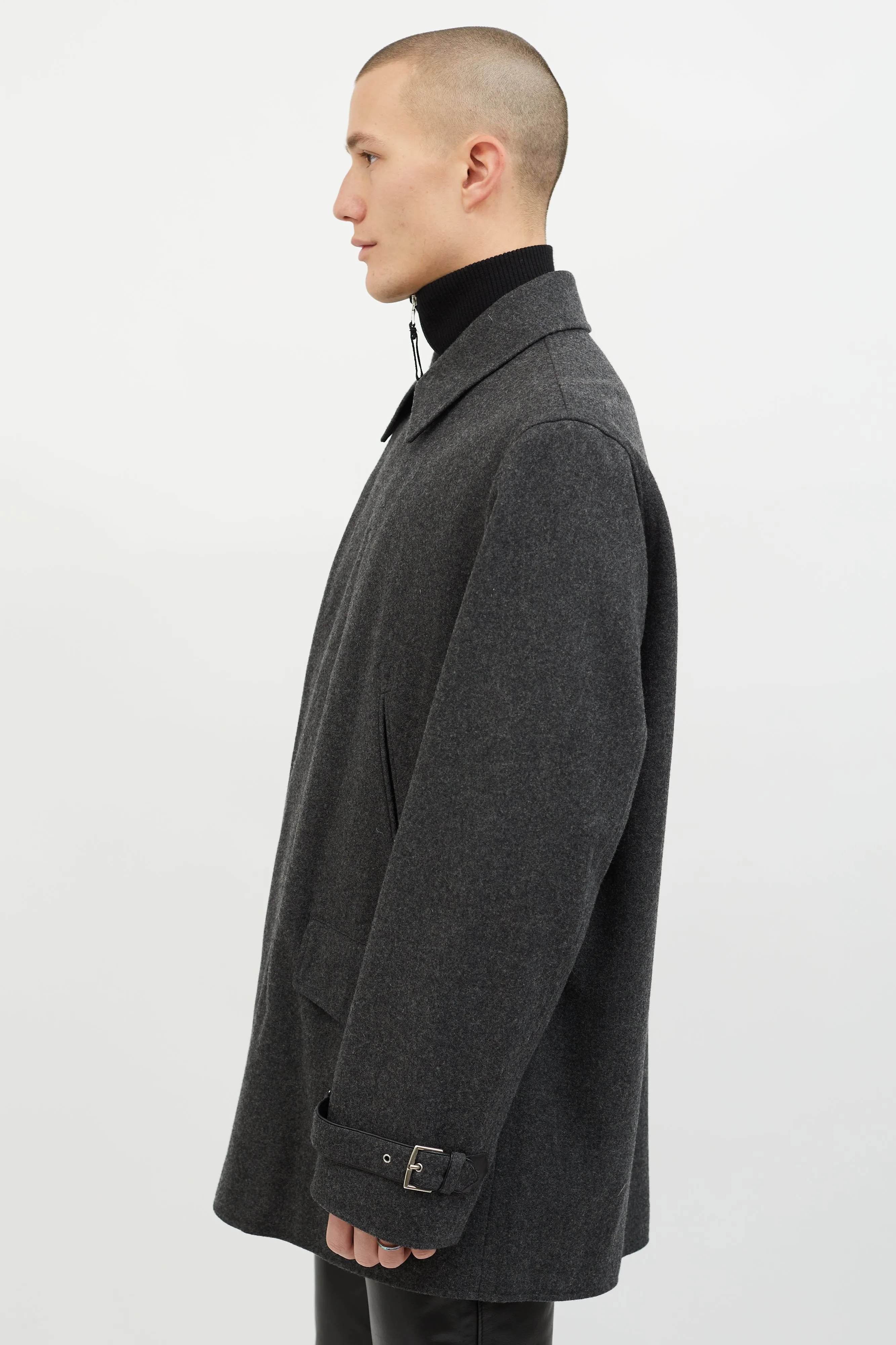 Dark Grey Wool Leather Lined Coat