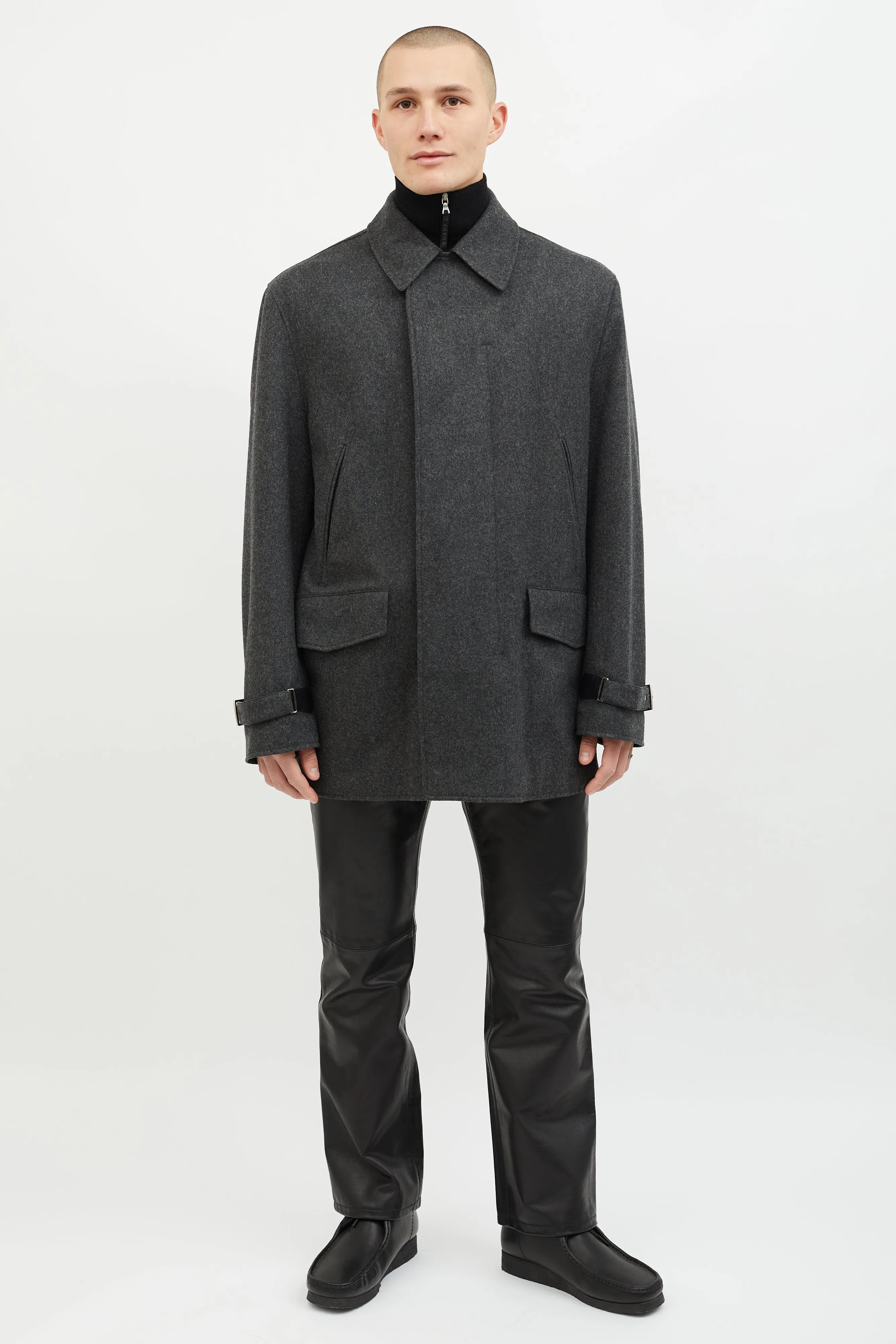 Dark Grey Wool Leather Lined Coat