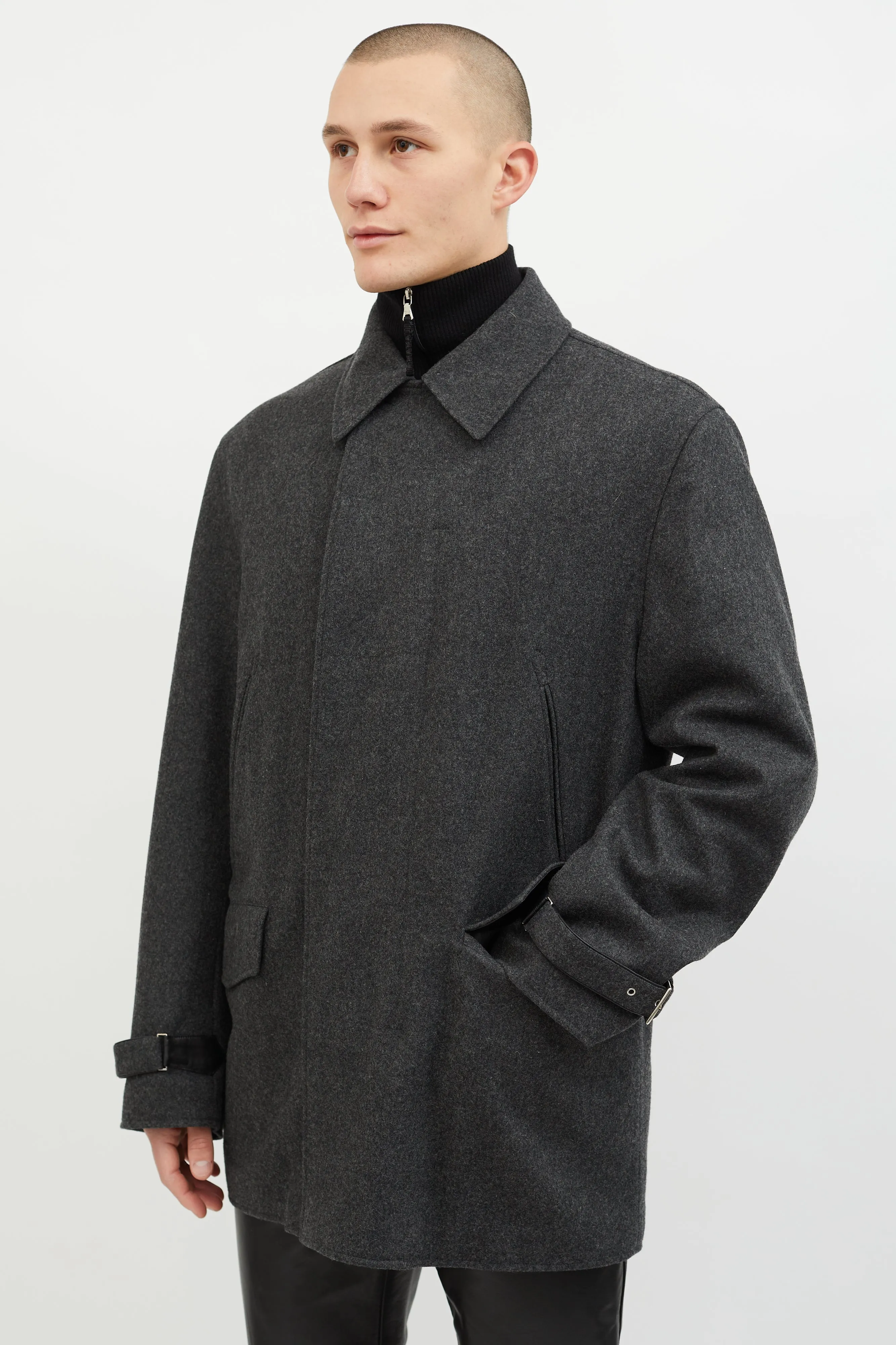 Dark Grey Wool Leather Lined Coat