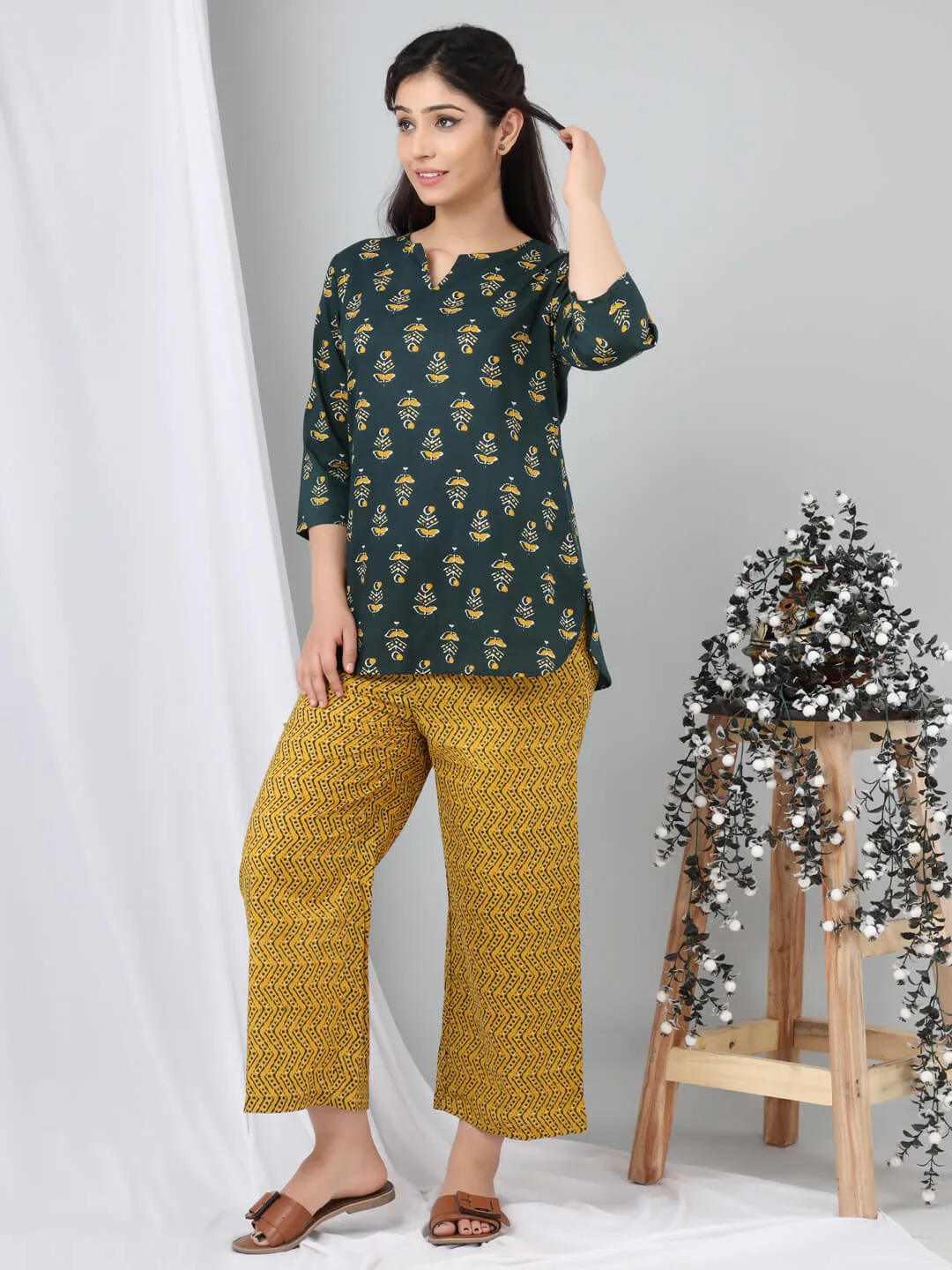 DeepGreen/Lemon Yellow Pure Cotton Lounge Wear