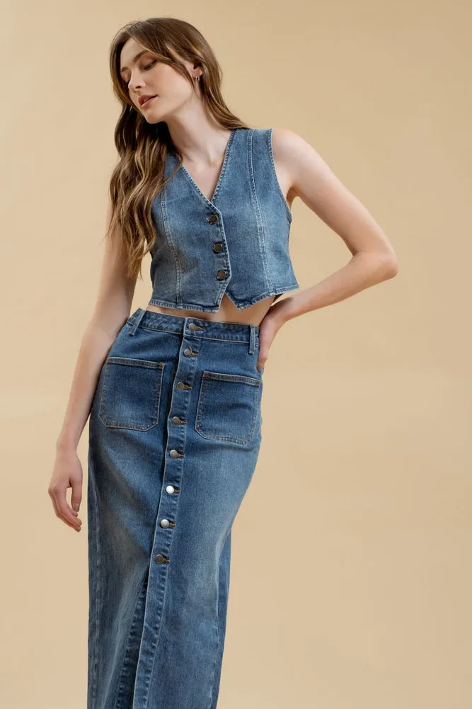 Denim V Neck Button Vest by Blu Pepper