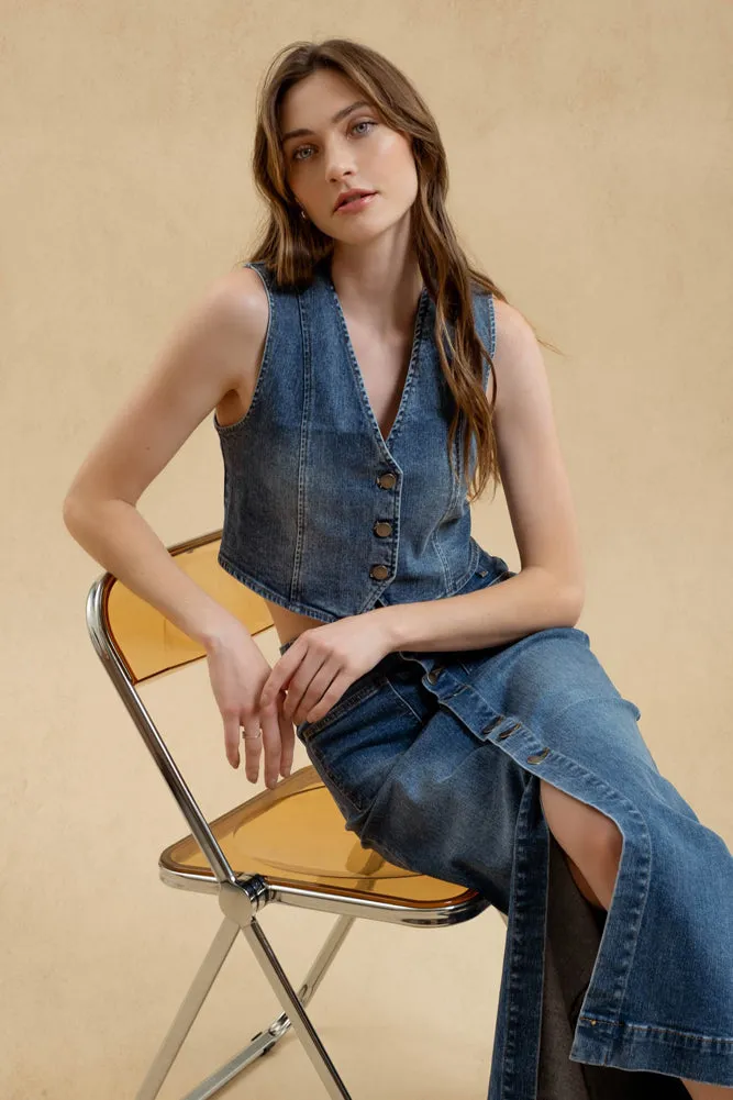 Denim V Neck Button Vest by Blu Pepper