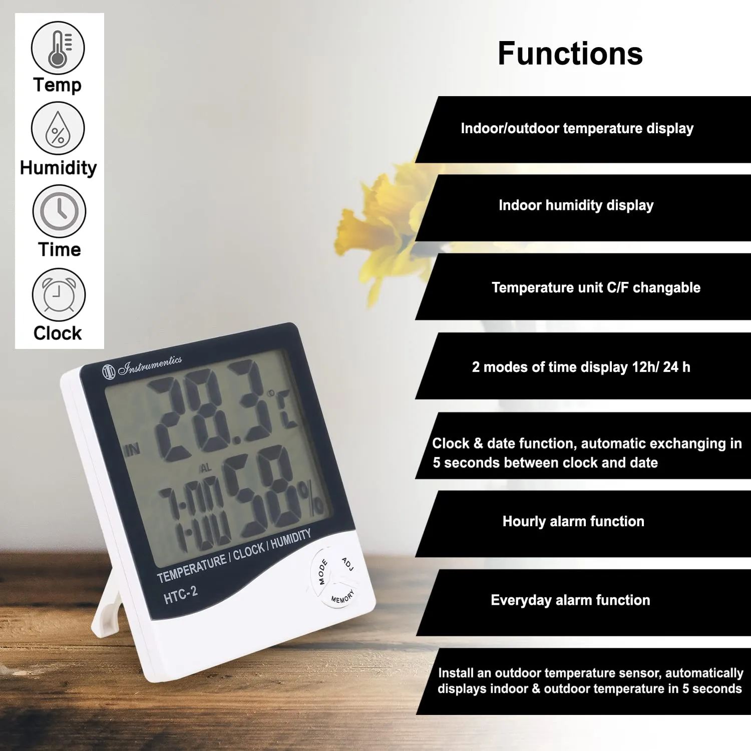 Dgarys Plastic Indoor Outdoor Temperature Humidity Hygrometer, Temperature, Humidity, Calendar, Clock, Alarm, Tabletop Or Wall Mount Htc-2