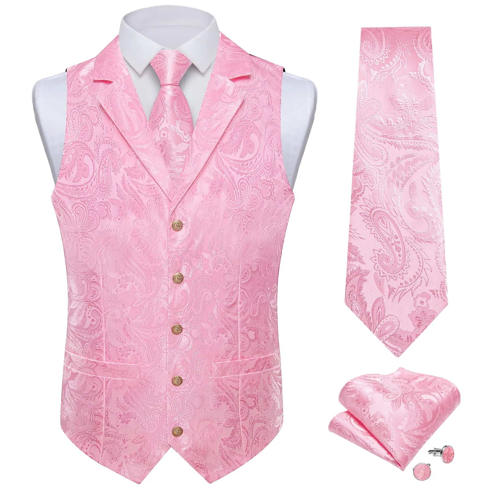 DiBanGu Baby Pink Paisley Silk Notched Collar Slim Fit Mens Waistcoat Tie Set